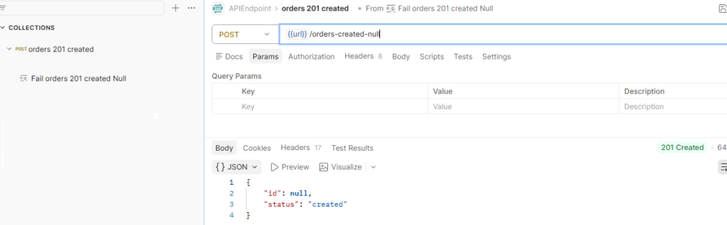 Postman API test showing 201 Created response with null id value, indicating incorrect success response despite missing generated identifier