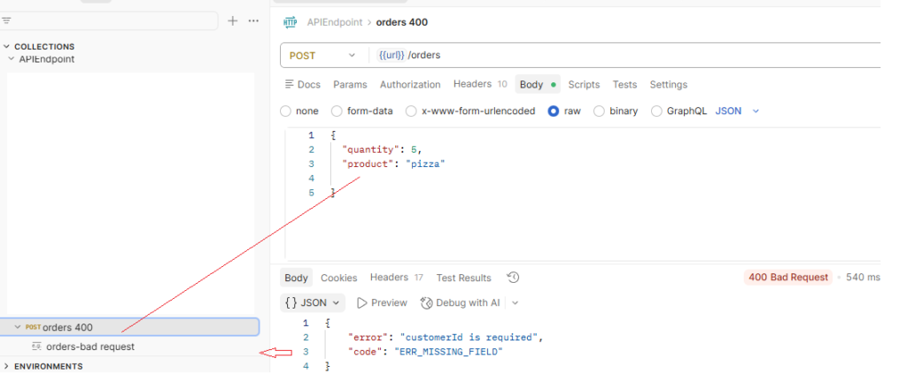 Postman API test showing 400 Bad Request response due to missing customerId field, returning error “customerId is required” with code ERR_MISSING_FIELD