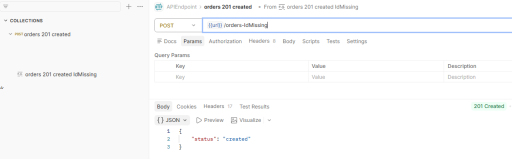 Postman API test showing 201 Created response with missing id field in response body, indicating incomplete success response.
