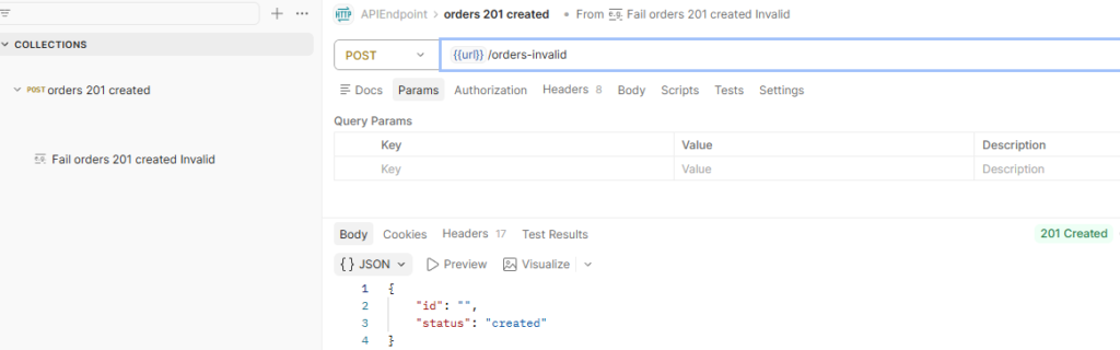 Postman API test showing 201 Created response for invalid input data, indicating incorrect success response despite invalid request.