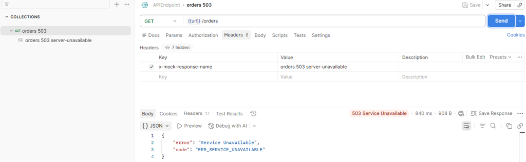 Postman API test showing 503 Service Unavailable response for orders endpoint with error “Service Unavailable” and code ERR_SERVICE_UNAVAILABLE