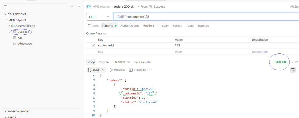 Postman collection showing API endpoint test “orders 200 ok” with success response and query parameter customerId