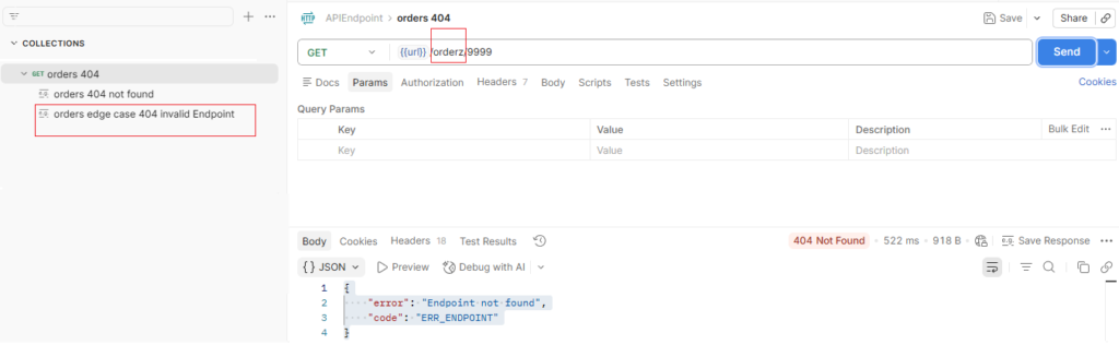 Postman API test showing invalid endpoint request returning 404 Not Found with error “Endpoint not found” and code ERR_ENDPOINT