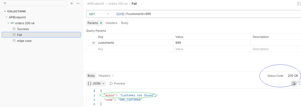 Postman API test showing failed response for orders endpoint with error “Customer not found” and code ERR_CUSTOMER