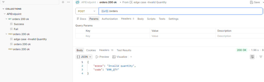 Postman API response showing error “Invalid quantity” with code ERR_QTY returned with 200 OK status.