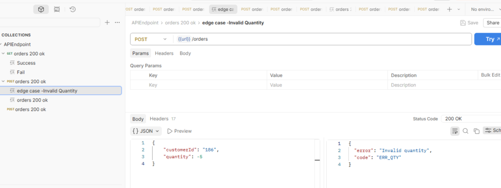 Postman API test showing edge case with invalid quantity (-5) returning error “Invalid quantity” and code ERR_QTY despite 200 OK status.