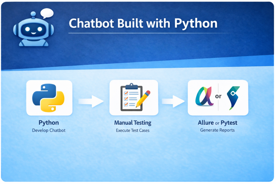 Python chatbot testing workflow showing development, manual testing, and reporting with Allure or Pytest.